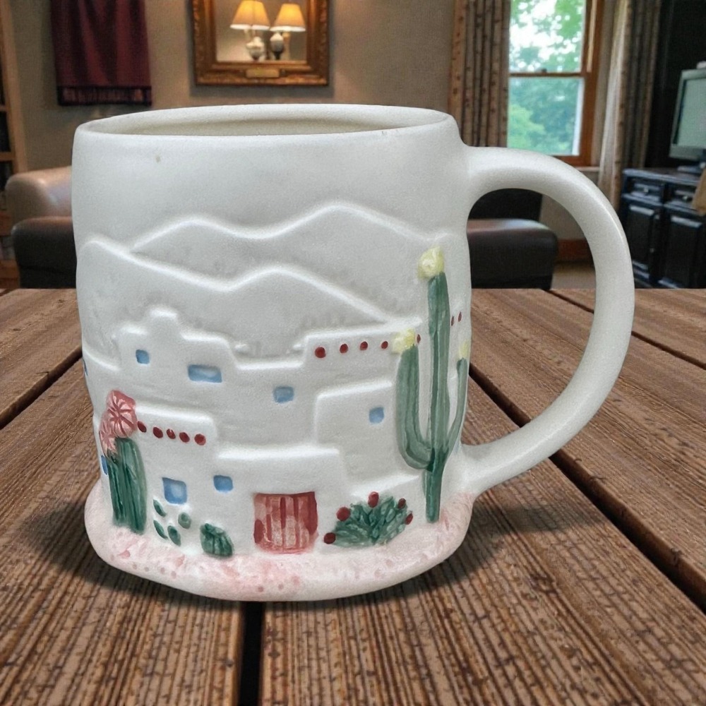 Vintage Curtis‎ Swann Southwest Pueblo Cactus Coffee Mug White Ceramic 3D Relief